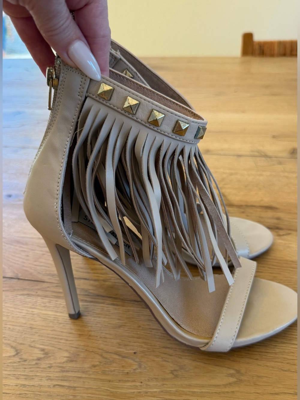 Steve Madden Beige Fringe Stud Ankle-Strap Heels